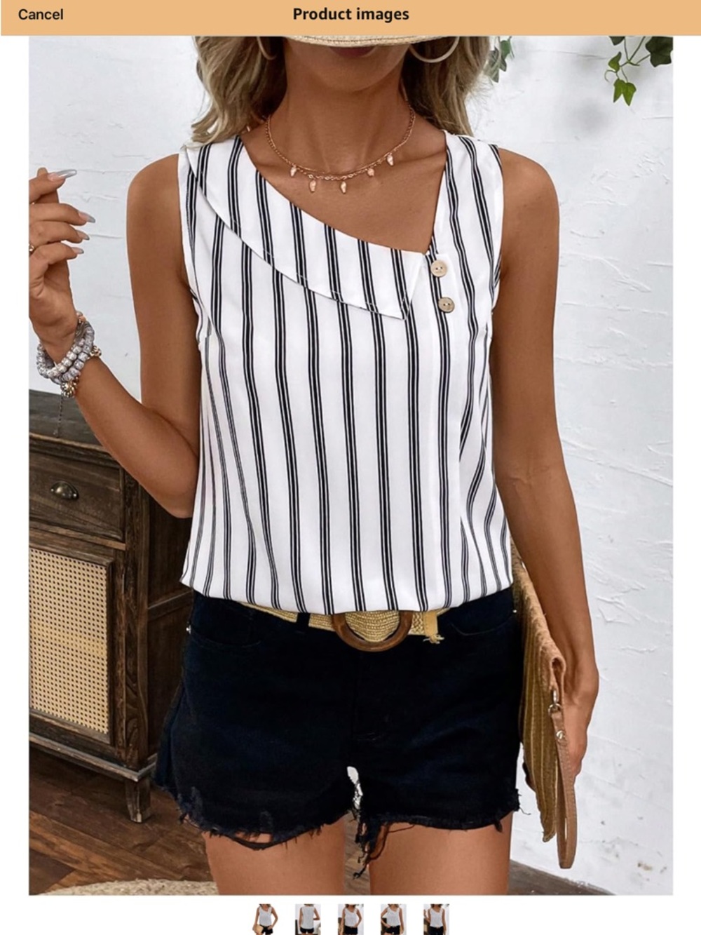 RoseSeek Women's Asymmetrical V Neck Black Striped Blouse Sleeveless Tank Top S